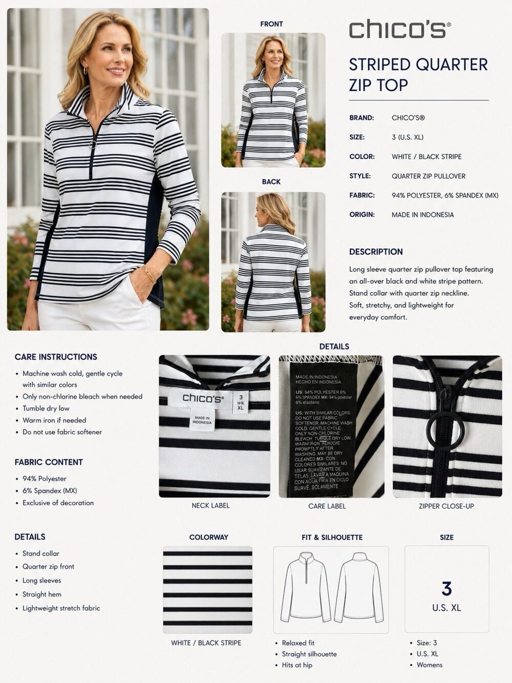 Chico's Sporty Striped Stretch Black White 1/4 Zip Golf Shirt Top XL 3